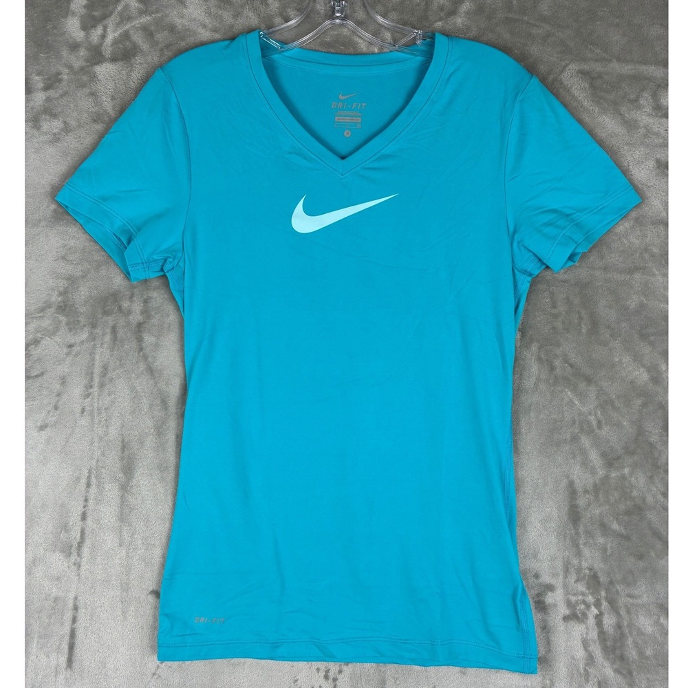 Nike Dri-FIT Womens V-Neck Athletic T-Shirt Teal Blue Swoosh Logo Size S 445599